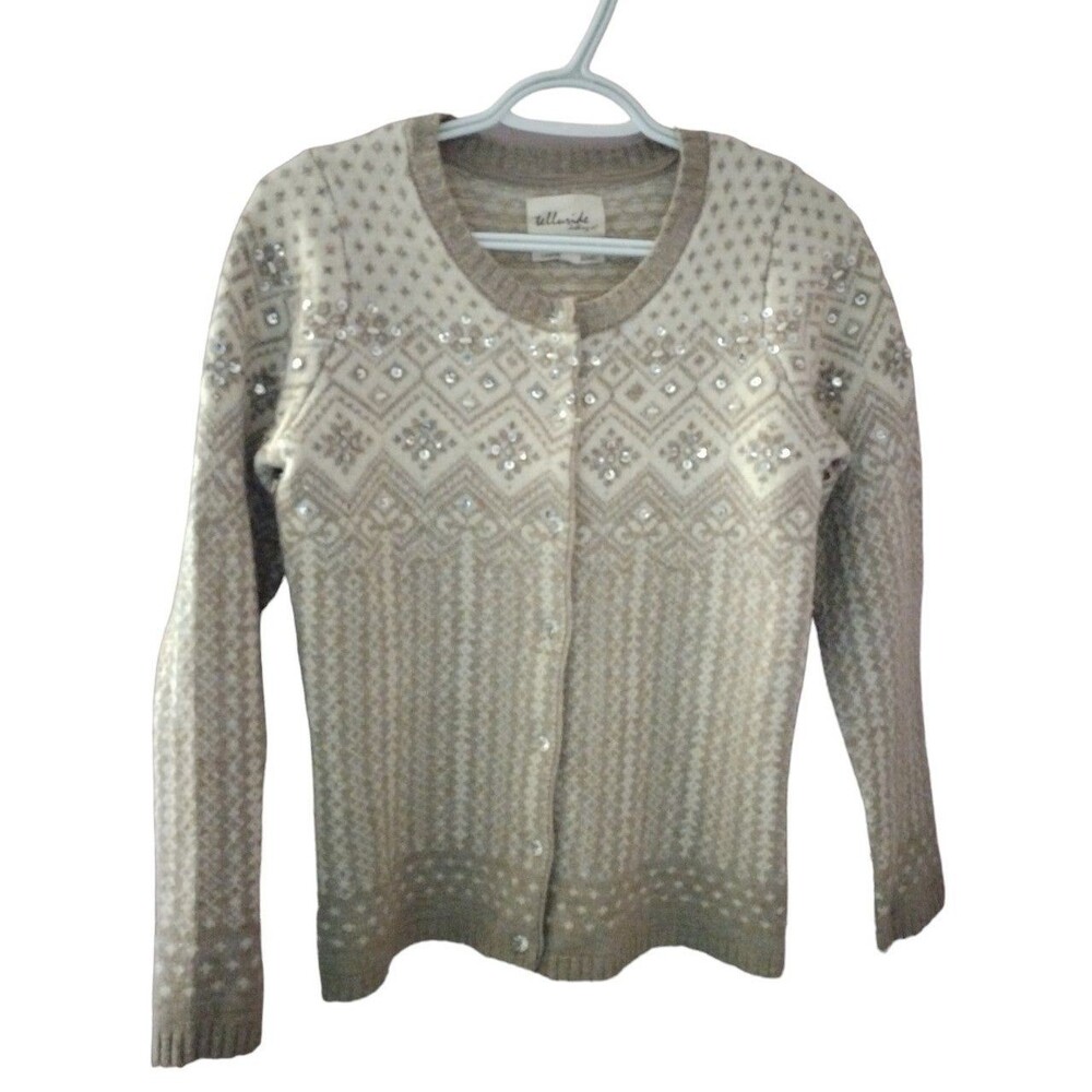 Telluride Clothing Co. Fair Isle Beaded Lambs Wool Cardigan Women's Size Small